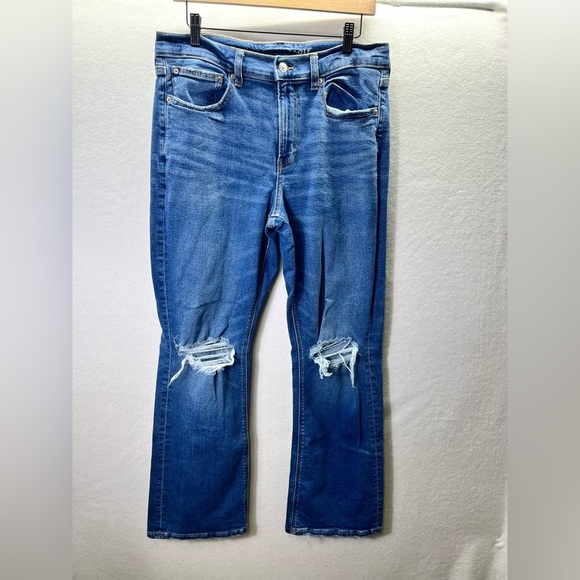 American Eagle 90’s Bootcut Distressed Jeans Womens 12 Blue Denim Stretch 2307 - Picture 1 of 11